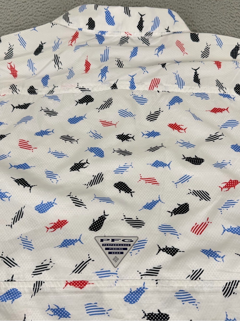 Columbia PFG Super Slack Tide Camp Shirt Mens XL White Fish Patriotic Vented - Picture 9 of 9